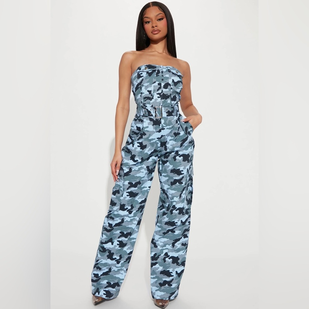 Cargo Camo Denim Jumpsuit - Sky Blue, Black, Teal & Navy Combo,